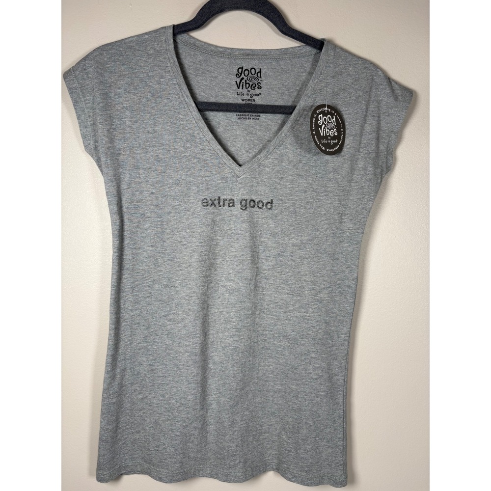 Life is Good Good Vibes Extra Good Heather Grey V-Neck Cap Sleeve Tee XS NEW